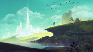 Fantasy landscape birds lake castle - anton fadeev free wallpaper
