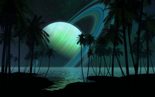 Planet palm trees star water - a boat in the foreground free wallpaper for desktop
