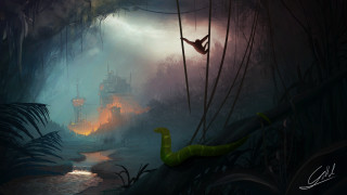 Snake forest castle stream fantasy - free sci-fi wallpaper