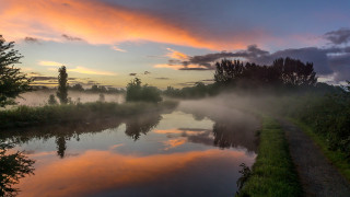 River trees clouds water misty - mist free wallpaper
