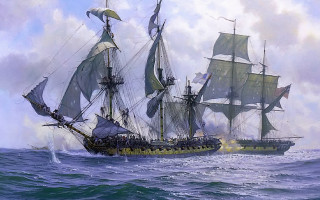 Ship ocean clouds horizon oilpainting - american scene painting free wallpaper