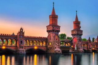 Bridge clock tower sunset cityscape 2 - a tower and a clock free wallpaper