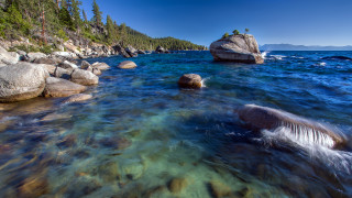 Lake rocks forest sky water - a blue sky and some clouds free wallpaper