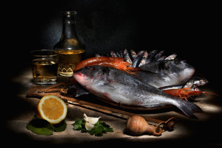 Fish wine lemon stilllife photorealism - a wooden table next free wallpaper