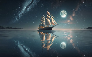 Ship night sky full moon - dreamlike free wallpaper