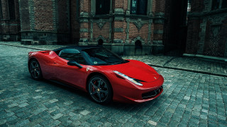 Red sports car cobblestone street 3 - a cobblestone street in front free wallpaper