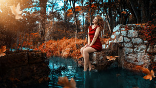 Woman red dress pond goldfish - overhead free wallpaper