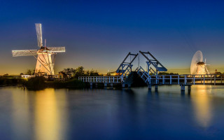 Windmill bridge night water blue - flemish free wallpaper for desktop