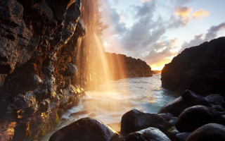 Waterfall rocks sunset sunlight forest - light ray free wallpaper