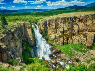 Waterfall canyon green field mountains - waterfall free wallpaper for desktop