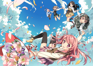 Anime girls flying flowers sky - flower in front free wallpaper