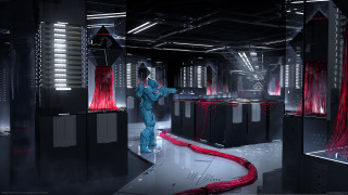 Man blue suit red wires - concept design art free wallpaper