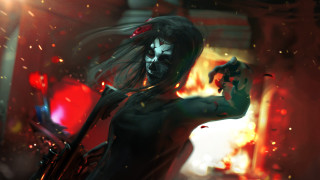 Woman mask gun darkroom redlights - cinematic concept art free wallpaper