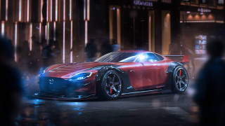 Red sports car night cityscape 6 - realistic free wallpaper