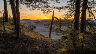 Sunset trees water hill landart - a sunset in the distance free wallpaper