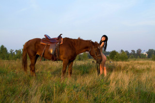 Woman horse field trees sky - the background and a sky background free wallpaper