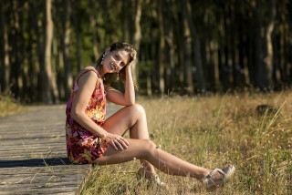 Woman sitting wooden walkway grass - figuration libre free wallpaper