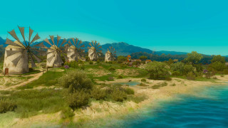 Windmill beach water mountains photorealistic - the foreground and mountains free wallpaper