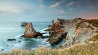 Cliff water beach rocks grass - the shore of a beach free wallpaper for desktop