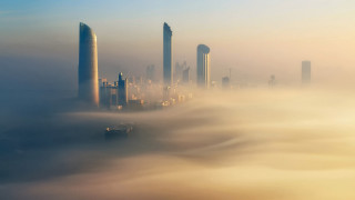 City fog skyscrapers clouds matte - volumetric fog free wallpaper