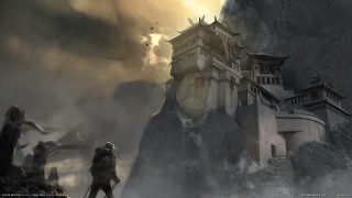 Castle mountain man bird clouds - side and a bird free wallpaper for desktop