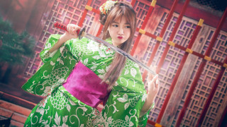 Woman green pink kimono sword - cosplay free wallpaper