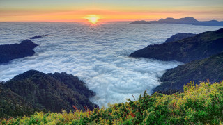 Mountain sunset clouds trees sea - arthur pan free wallpaper for desktop