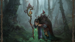 Woman green dress staff forest - dark fantasy art free wallpaper