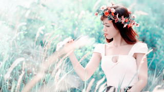 Woman white dress field flower - a flower crown free wallpaper