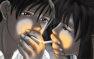 Couple smoking cigarette black white - a yellow light free wallpaper