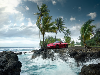 Red sports car rocky shore - unreal engine free wallpaper for desktop