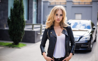 Woman blonde denim jacket street - black jacket free wallpaper for desktop