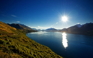 Lake mountains grass blue sky 3 - shining free wallpaper