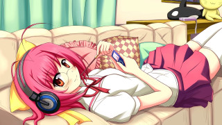 Pink haired girl laying couch - white shirt free wallpaper