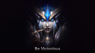 Blue eyes woman armor glowing - white lettering free wallpaper