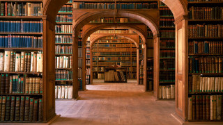 Library archways columns bookshelves medieval - medieval free wallpaper