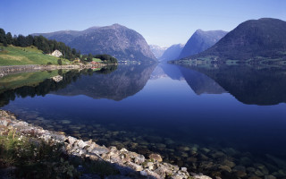 Lake mountains forest sky landscape - a clear blue sky above free wallpaper