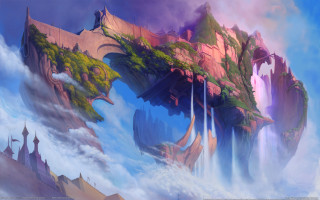 Mountain waterfall castle bridge dragon - anton fadeev free wallpaper