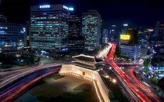 City lights bridge night cyberpunk - long exposure free wallpaper