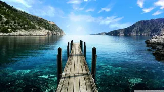 Pier mountains ocean blue water - blue free wallpaper for desktop
