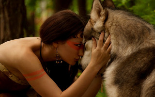 Woman wolf kiss forest tribal - makeup free wallpaper