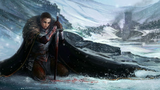 Man black cloak sword snowy 3 - a sword in a snowy landscape free wallpaper