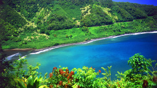 Blue hills lake beach nature - lush green hill and trees free wallpaper