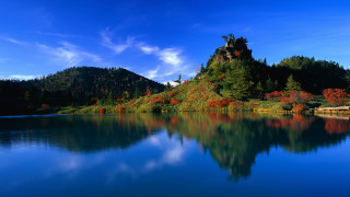 Lake mountain trees sky clouds - a mountain in the background and trees free wallpaper