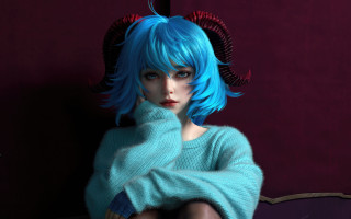 Blue hair horns couch 3d - ultra realistic digital art free wallpaper