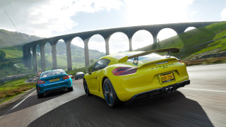 Cars bridge water road mountains - two car free wallpaper