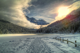 Snowy landscape path mountain lake - bob ross free wallpaper