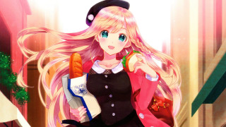 Blonde girl holding bag sandwich 2 - her hand and a hat free wallpaper