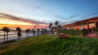 Sunset house palm trees bench - hdr free wallpaper for desktop