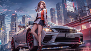 Woman car city night skyscrapers - skyscraper free wallpaper